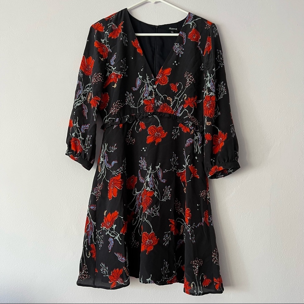 Madewell Windblown Poppies Ruffle Waist Silk Dress 2 - Picture 7 of 14